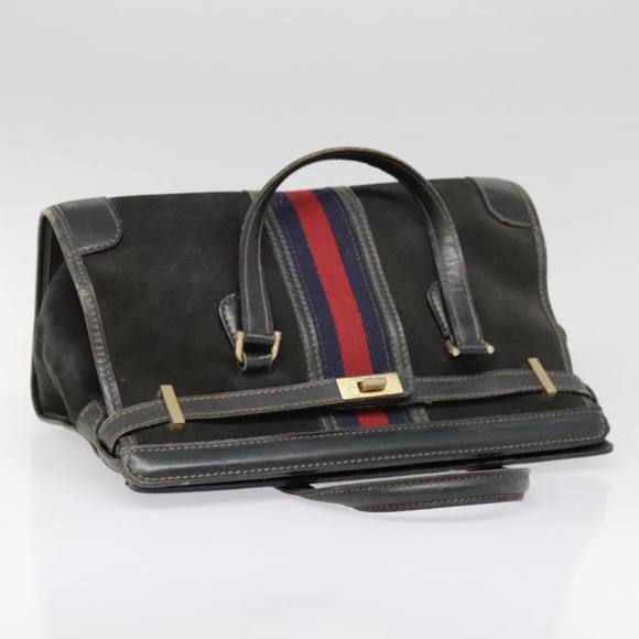 GUCCI Sherry Line Hand Bag Suede Leather Navy Red gold Auth yk14885 - Picture 6 of 16